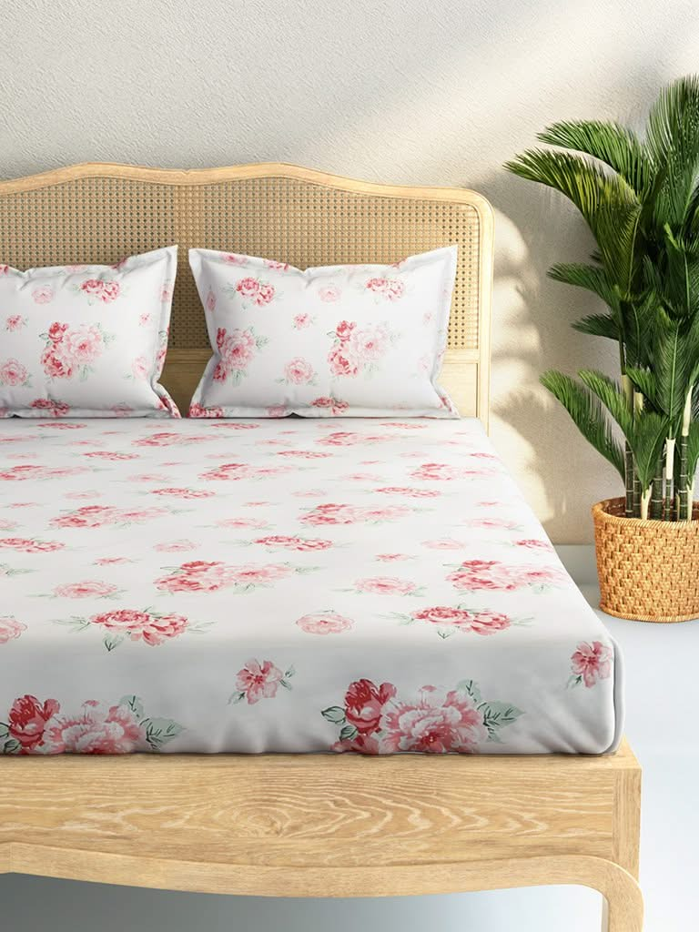 Westside Home Pink Rose Print 144TC Double Bedsheet with Two Pillowcases