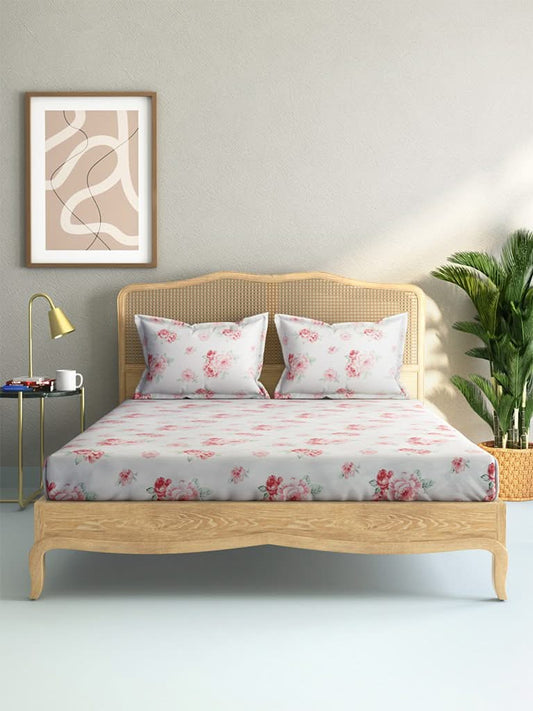 Westside Home Pink Rose Print 144TC King Bedsheet with Two Pillowcases