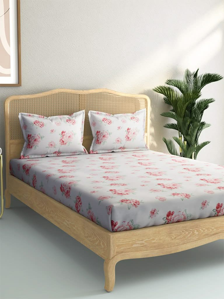 Westside Home Pink Rose Print 144TC King Bedsheet with Two Pillowcases