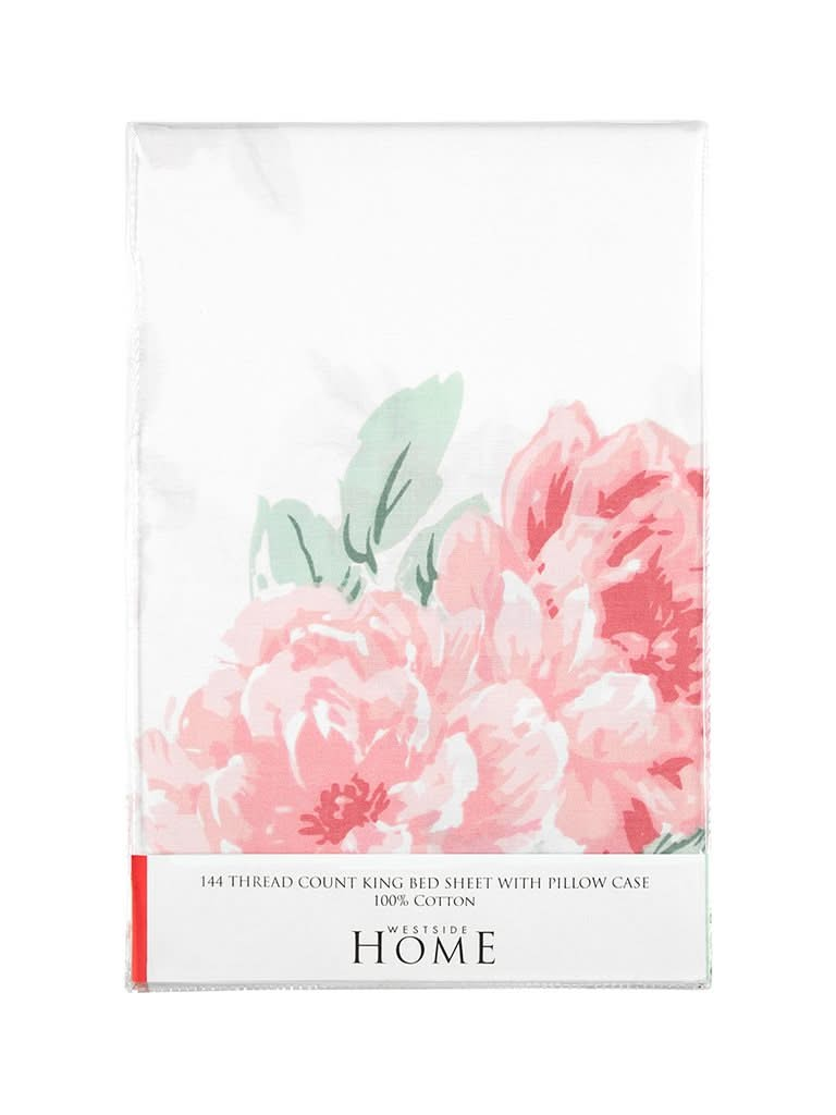 Westside Home Pink Rose Print 144TC King Bedsheet with Two Pillowcases