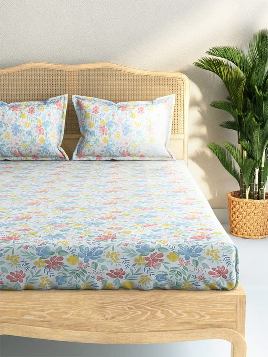 Westside Home Multicolour Floral Print 144TC Double Bedsheet With Two Pillowcases