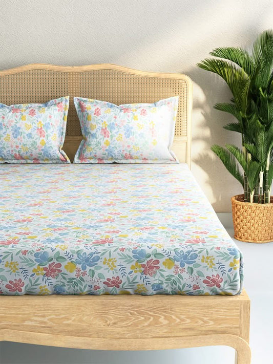 Westside Home Multicolour Floral Print 144TC King Bedsheet With Two Pillowcases