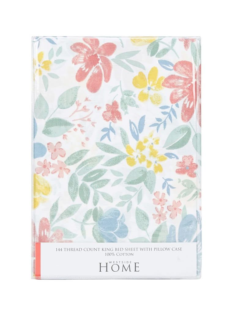 Westside Home Multicolour Floral Print 144TC King Bedsheet With Two Pillowcases