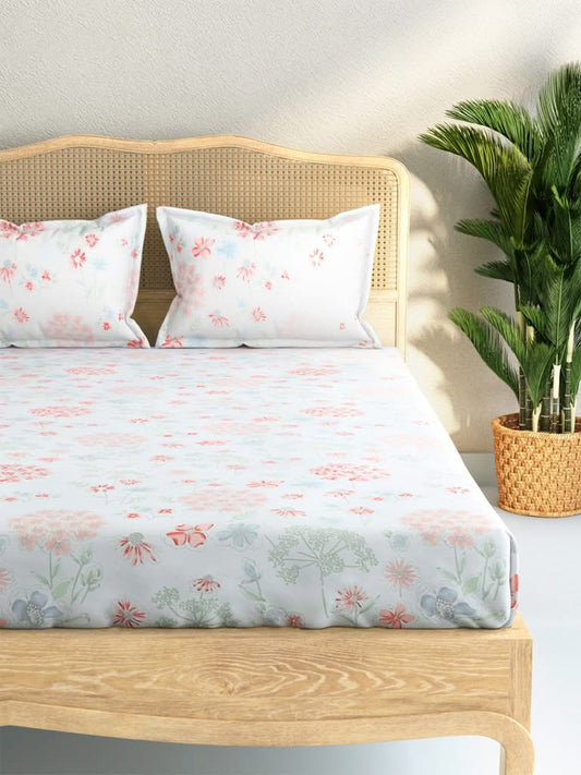 Westside Home Multicolour Hydrangea Design 144TC Double Bedsheet With Two Pillowcases