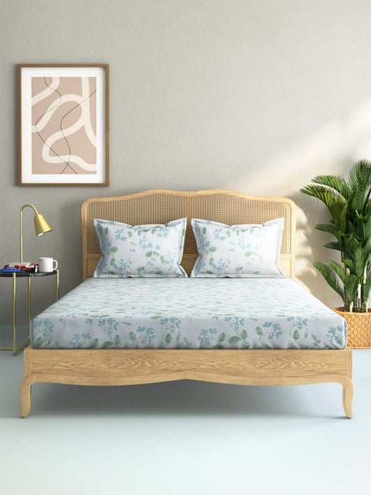 Westside Home Mint Leaf Print 144TC Double Bedsheet With Two Pillowcases