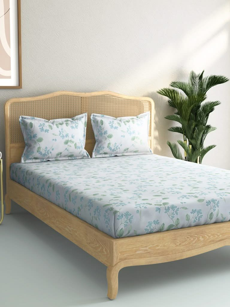 Westside Home Mint Leaf Print 144TC Double Bedsheet With Two Pillowcases