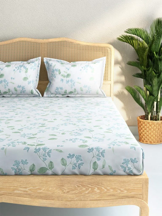 Westside Home Mint Leaf Print 144TC King Bedsheet With Two Pillowcases