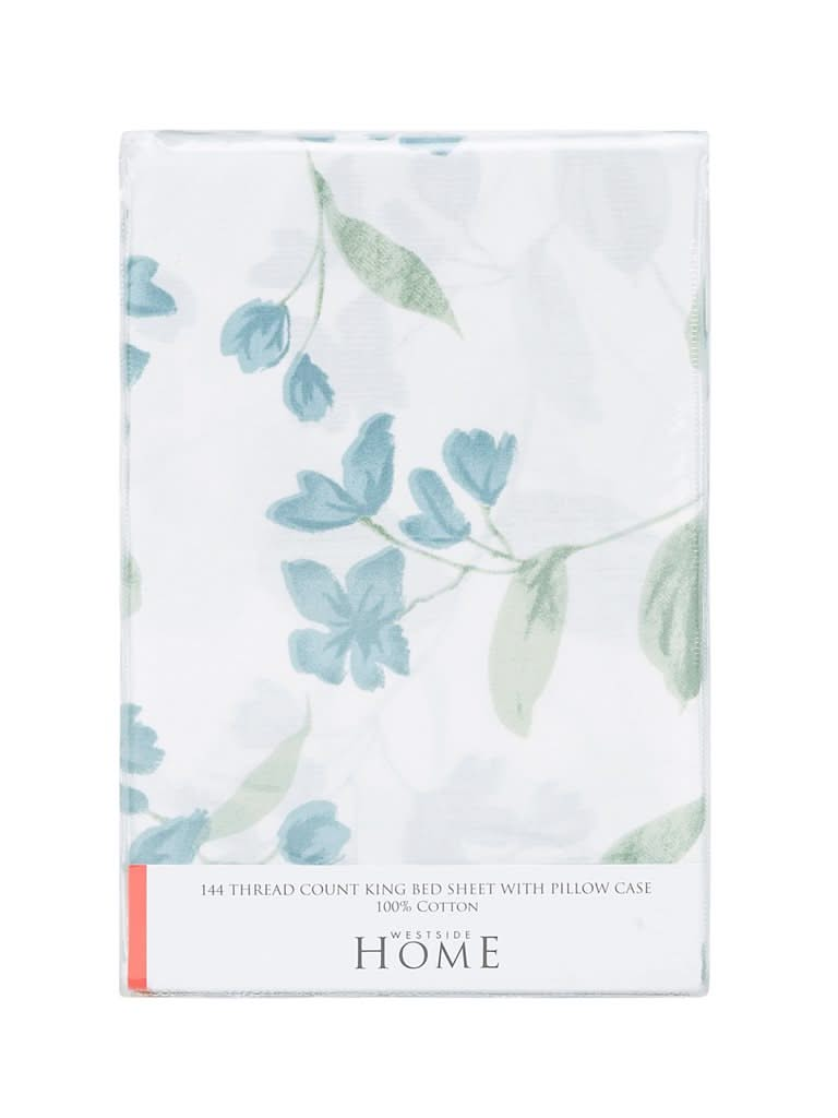 Westside Home Mint Leaf Print 144TC King Bedsheet With Two Pillowcases