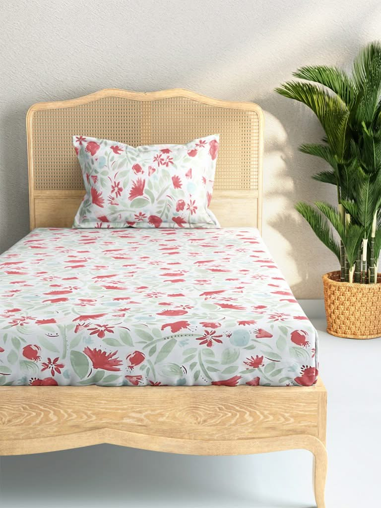 Westside Home Dark Pink Floral Design 144TC Single Bedsheet With One Pillowcase