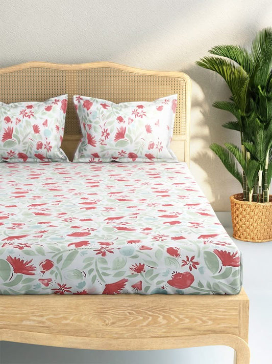 Westside Home Dark Pink Floral Design 144TC Double Bedsheet With Two Pillowcases