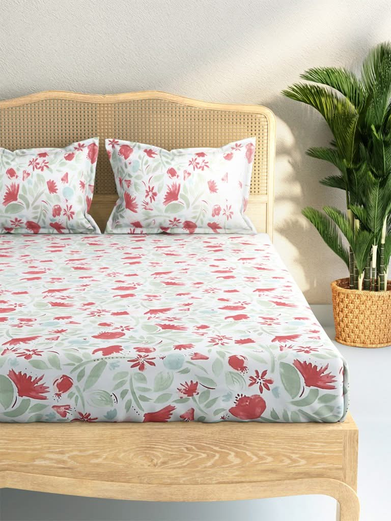 Westside Home Dark Pink Floral Design 144TC King Bedsheet With Two Pillowcases