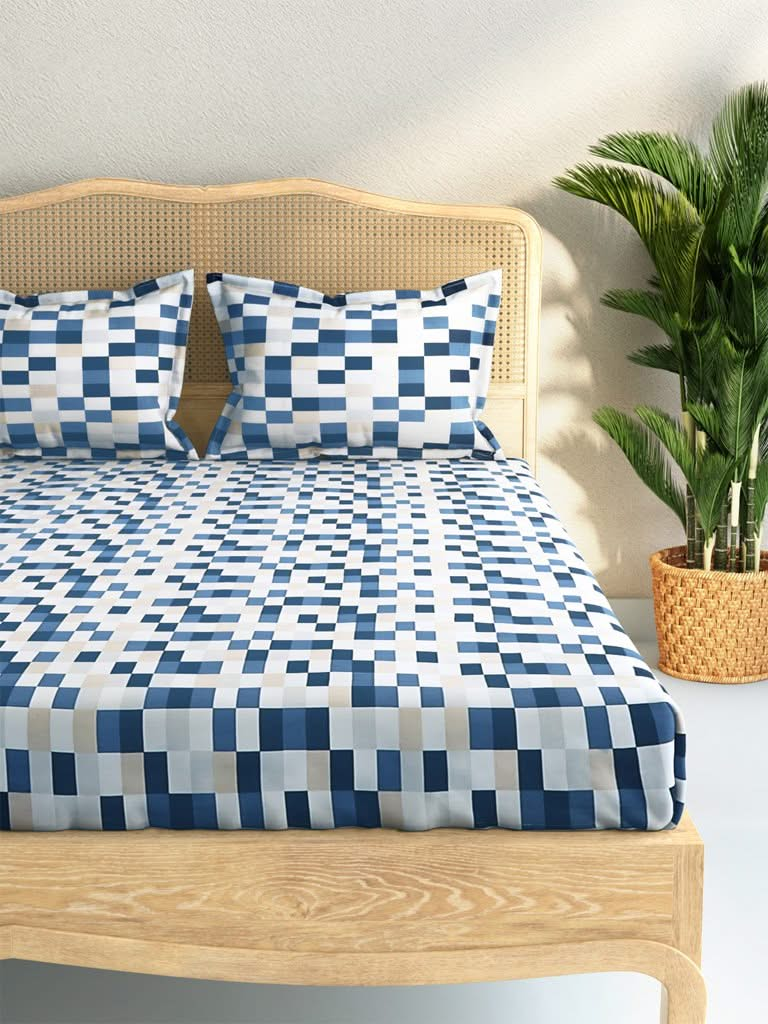 Westside Home Indigo Rectangular Design 144TC Double Bedsheet With Two Pillowcases