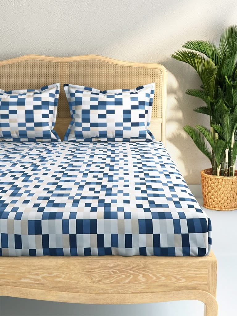 Westside Home Indigo Rectangular Design 144TC King Bedsheet With Two Pillowcases