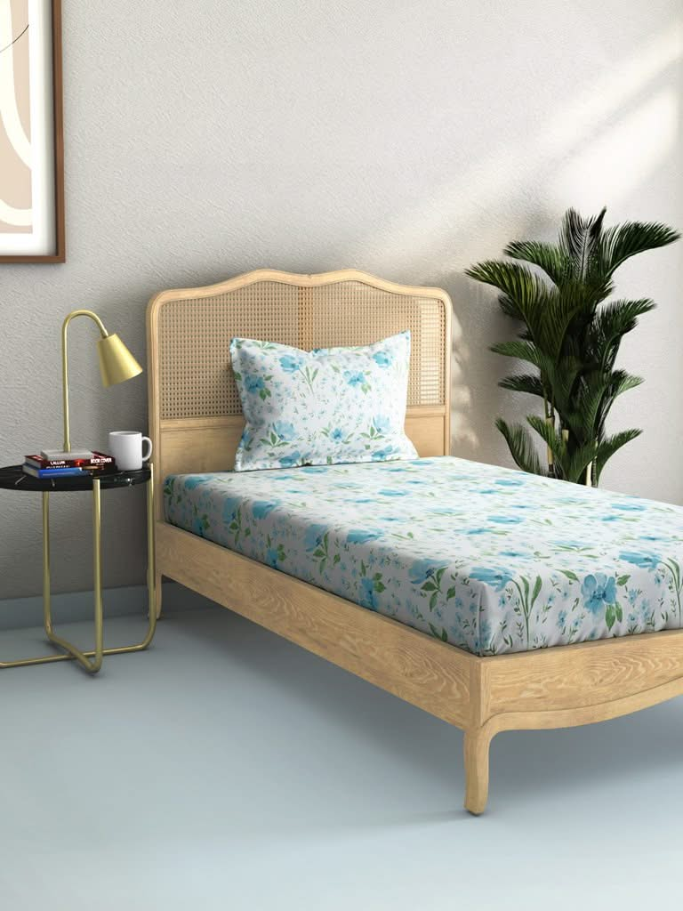 Westside Home Blue Bird Print 210TC Sateen Single Bedsheet With One Pillowcase