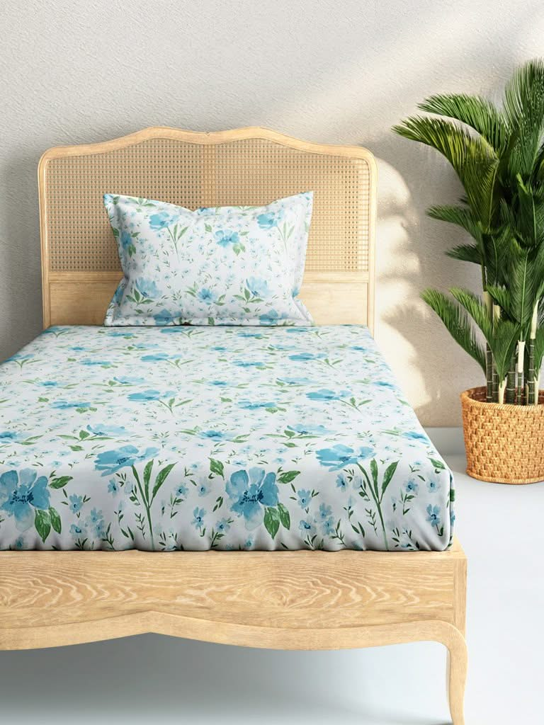 Westside Home Blue Bird Print 210TC Sateen Single Bedsheet With One Pillowcase