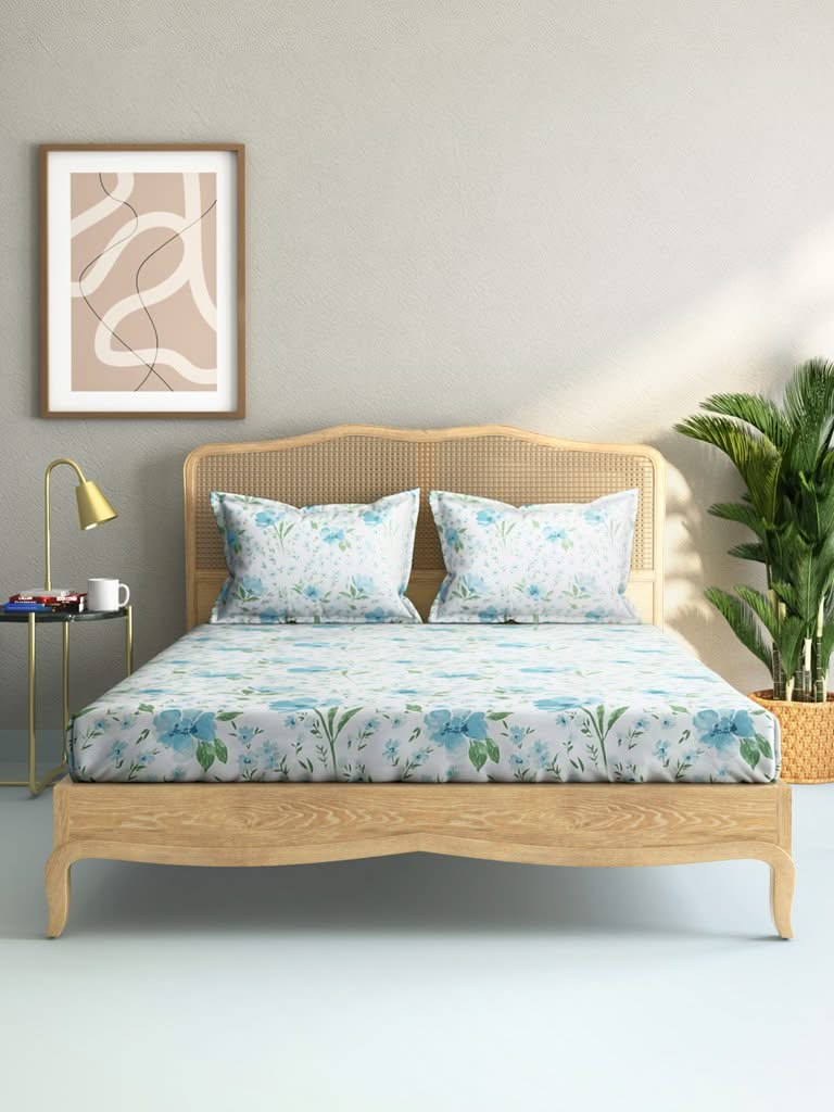 Westside Home Blue Bird Print 210TC Sateen Double Bedsheet With Two Pillowcases