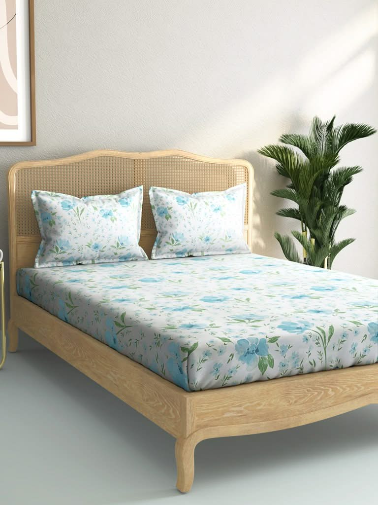 Westside Home Blue Bird Print 210TC Sateen Double Bedsheet With Two Pillowcases