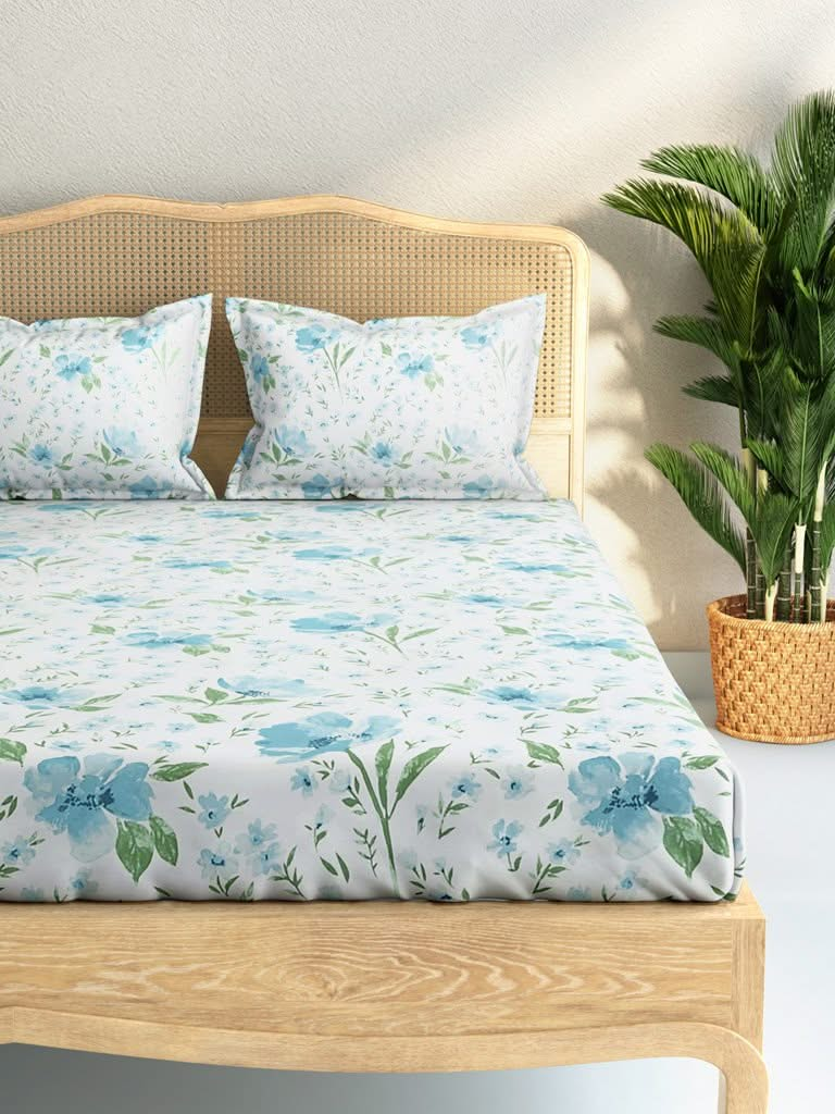 Westside Home Blue Bird Print 210TC Sateen Double Bedsheet With Two Pillowcases