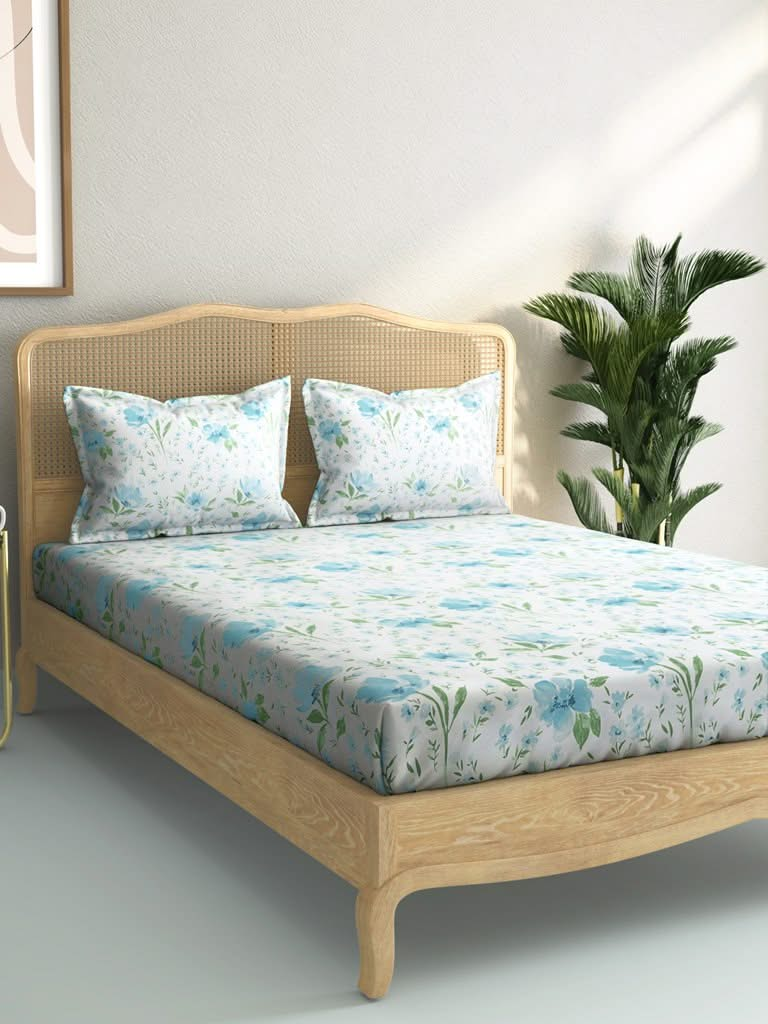 Westside Home Blue Bird Print 210TC Sateen King Bedsheet With Two Pillowcases