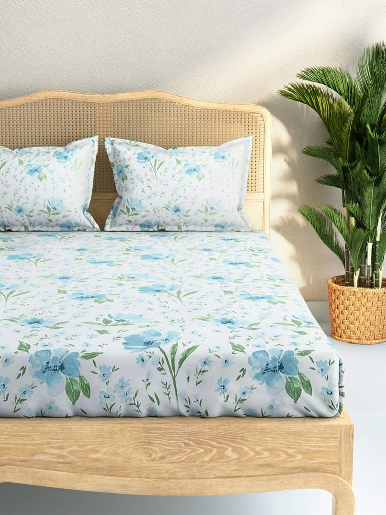 Westside Home Blue Bird Print 210TC Sateen King Bedsheet With Two Pillowcases