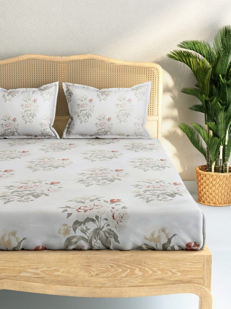 Westside Home Aqua Floral Peony 210TC Sateen Double Bedsheet With Two Pillowcases