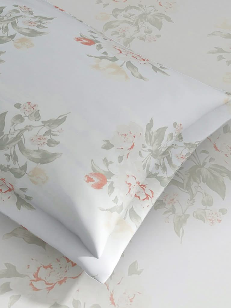 Westside Home Aqua Floral Peony 210TC Sateen Double Bedsheet With Two Pillowcases