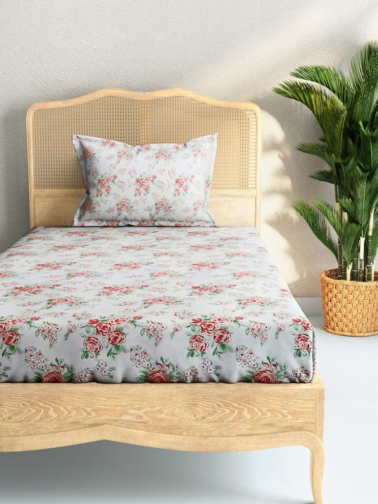 Westside Home Pink Rose Print 210TC Sateen Single Bedsheet With One Pillowcase