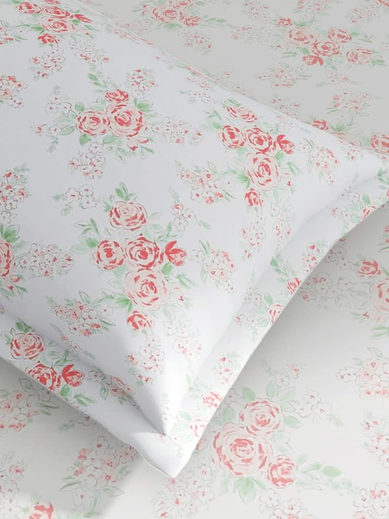 Westside Home Pink Rose Print 210TC Sateen Single Bedsheet With One Pillowcase