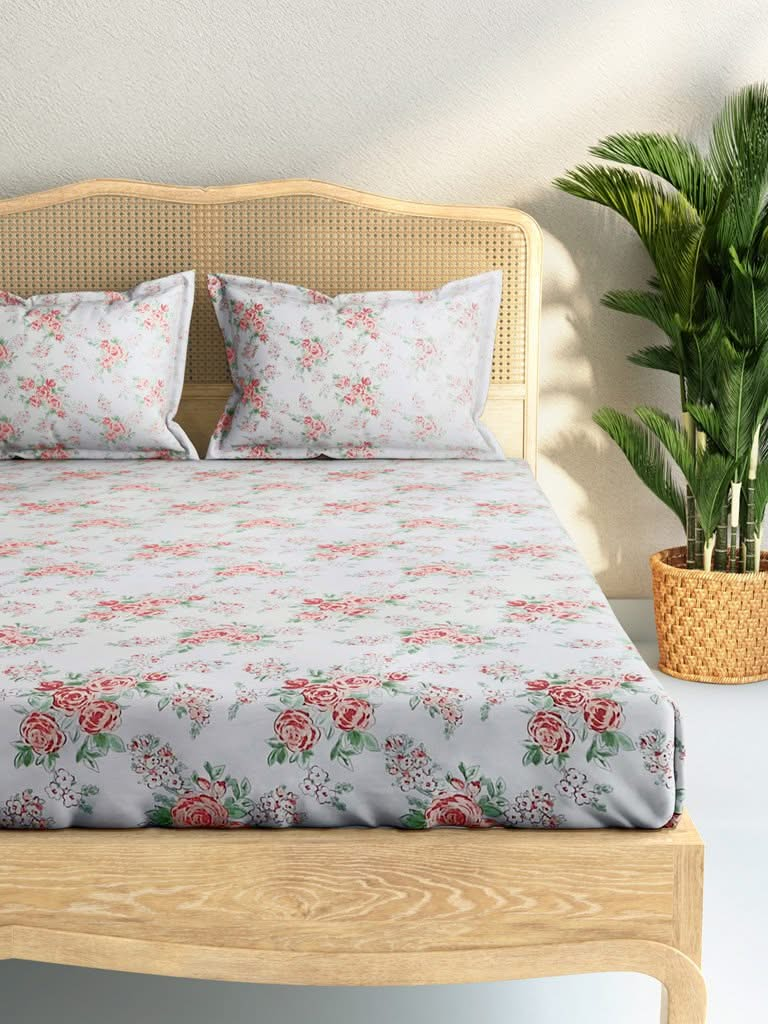 Westside Home Pink Rose Print 210TC Sateen Double Bedsheet With Two Pillowcases