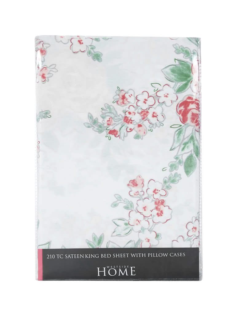 Westside Home Pink Rose Print 210TC Sateen King Bedsheet With Two Pillowcases