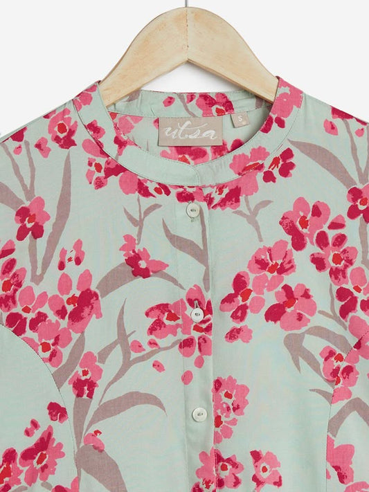 Utsa Mint Floral Printed A-line Kurta