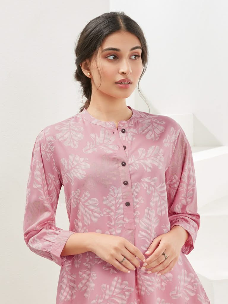 Utsa Pink A-Line Leaf Design Ethnic Shirt