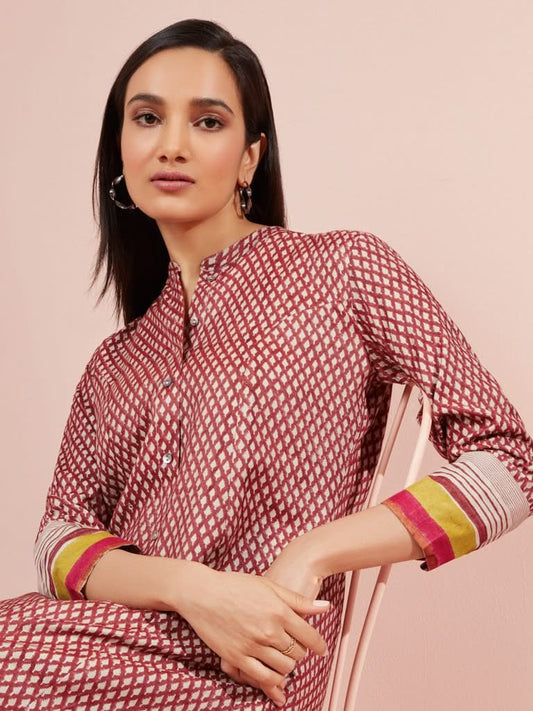 Zuba Red Geometrical Pattern A-line Kurta