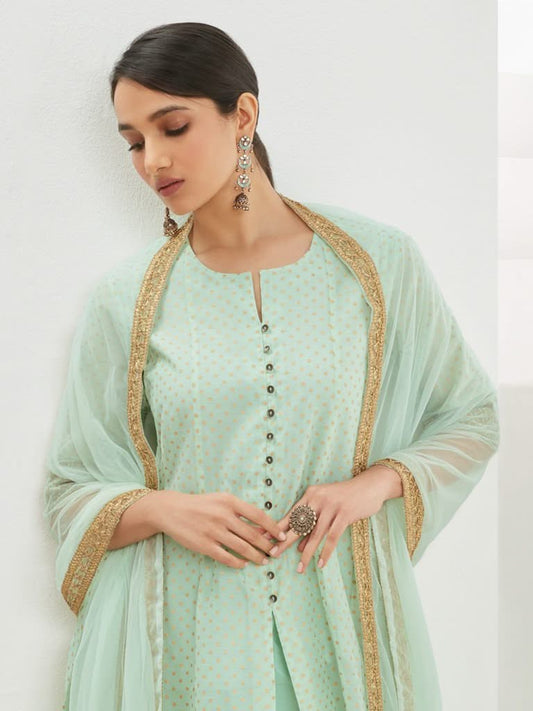 Vark Sea Green A-Line Kurta, Dupatta, Palazzos