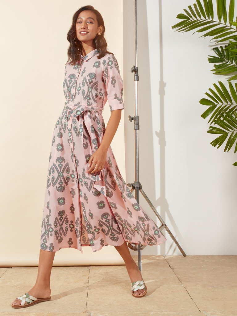 Bombay Paisley Peach Print Shirtdress With Belt