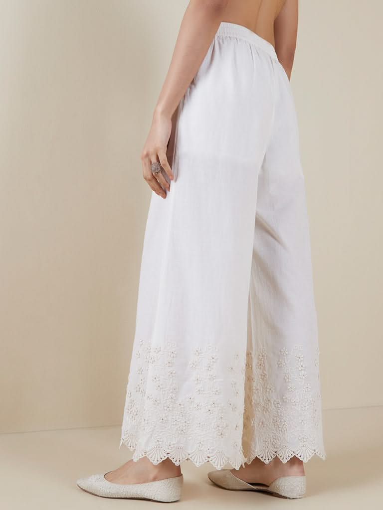 Zuba Off-White Floral Embroidered Palazzos