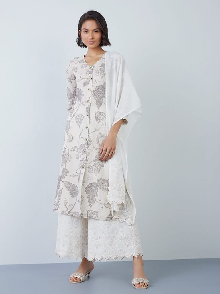 Zuba Off-White Floral-Embroidered Dupatta