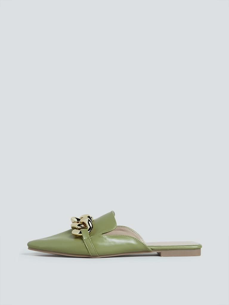 LUNA BLU Khaki Chain-Detailed Mules