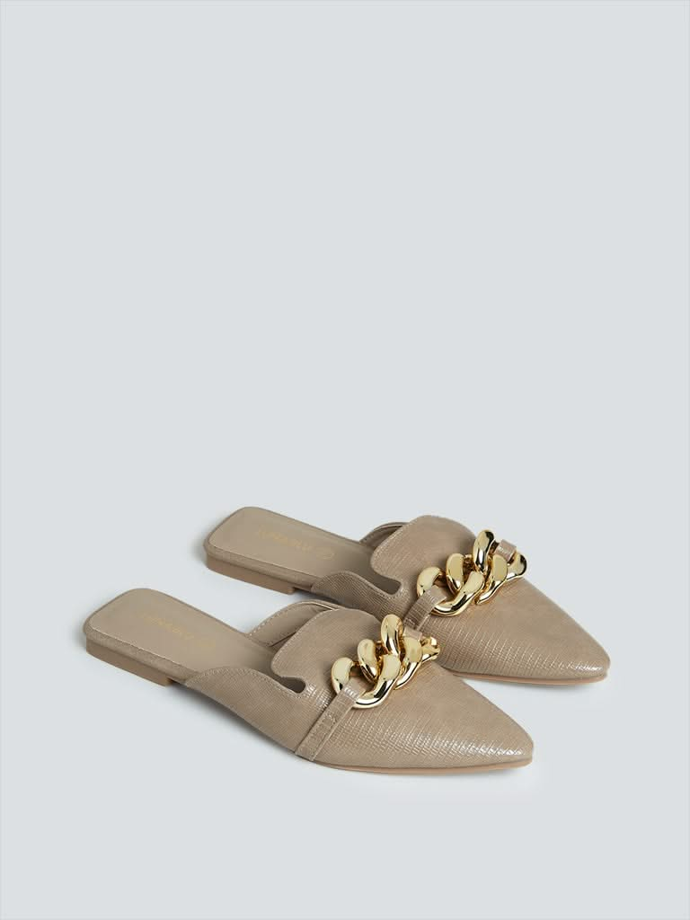 LUNA BLU Taupe Chain-Detailed Mules