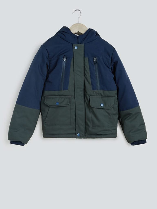 Y&F Kids Green Colour-Block Hooded Jacket