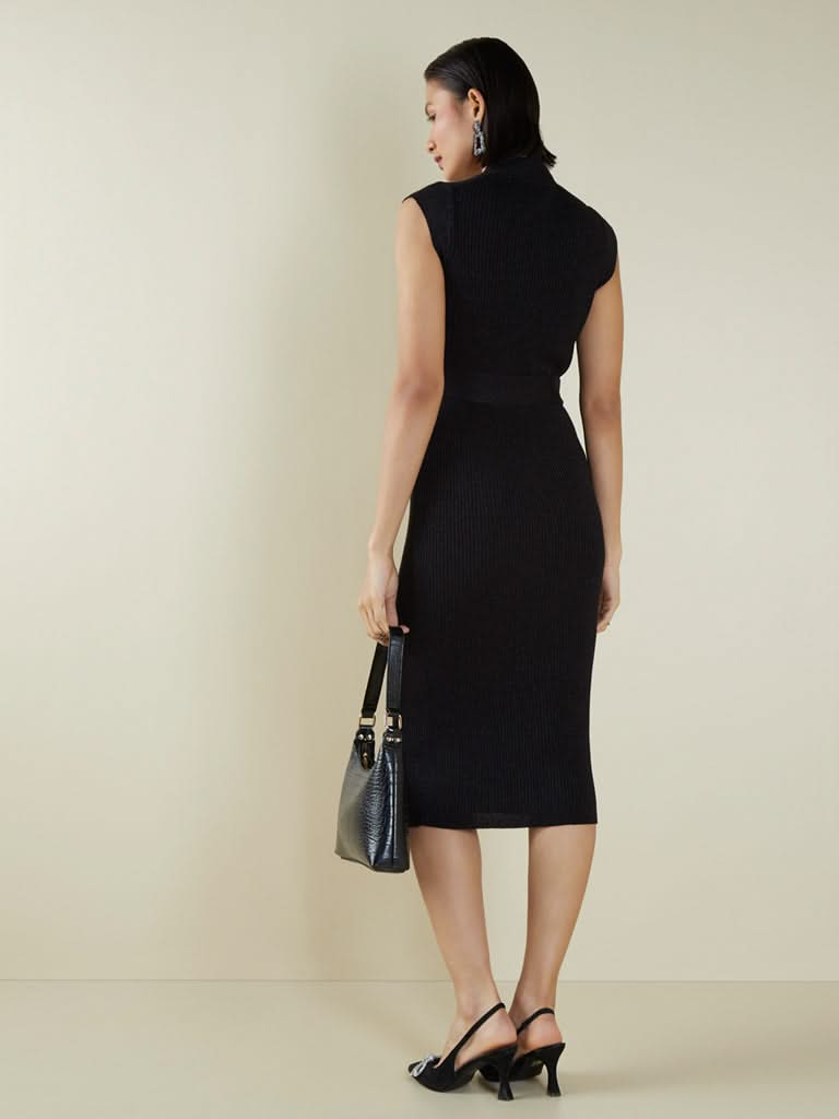 Wardrobe Black Ribbed Dress with Belt