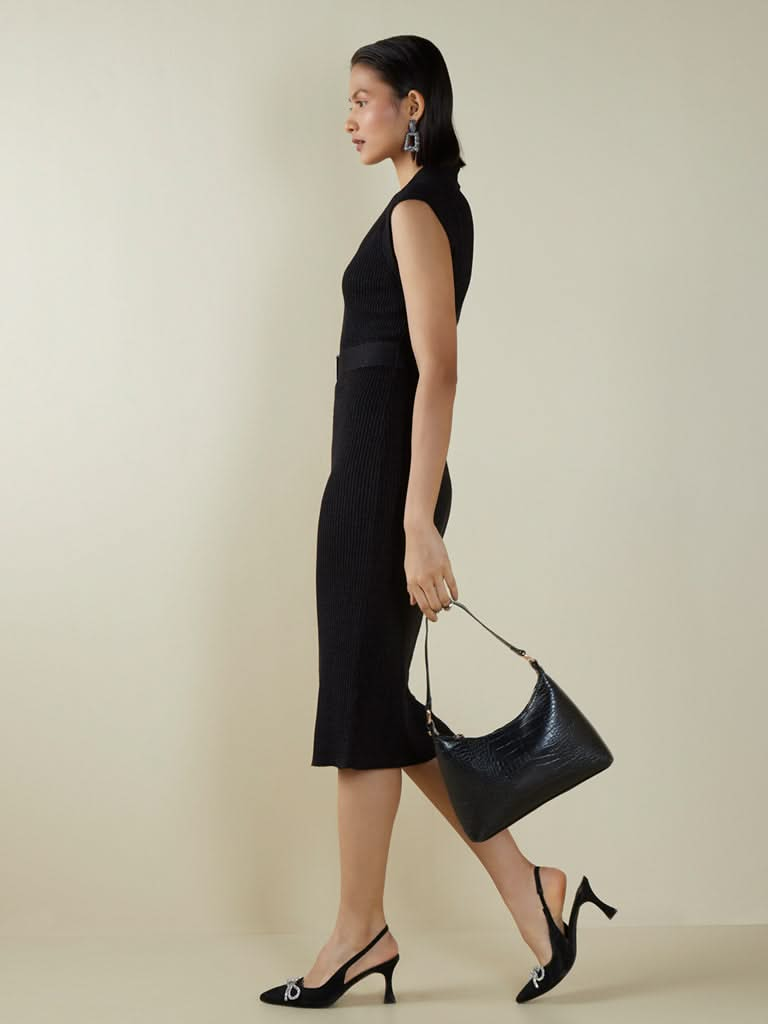 Wardrobe Black Ribbed Dress with Belt