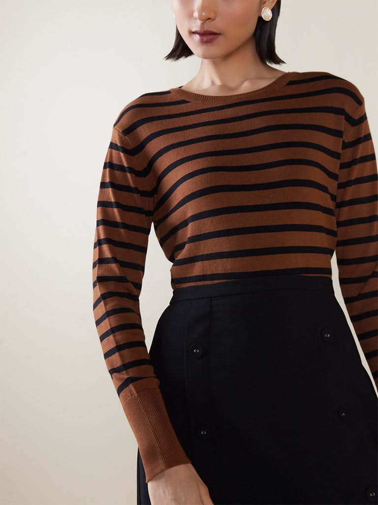 Wardrobe Dark Tan Striped Sweater Top