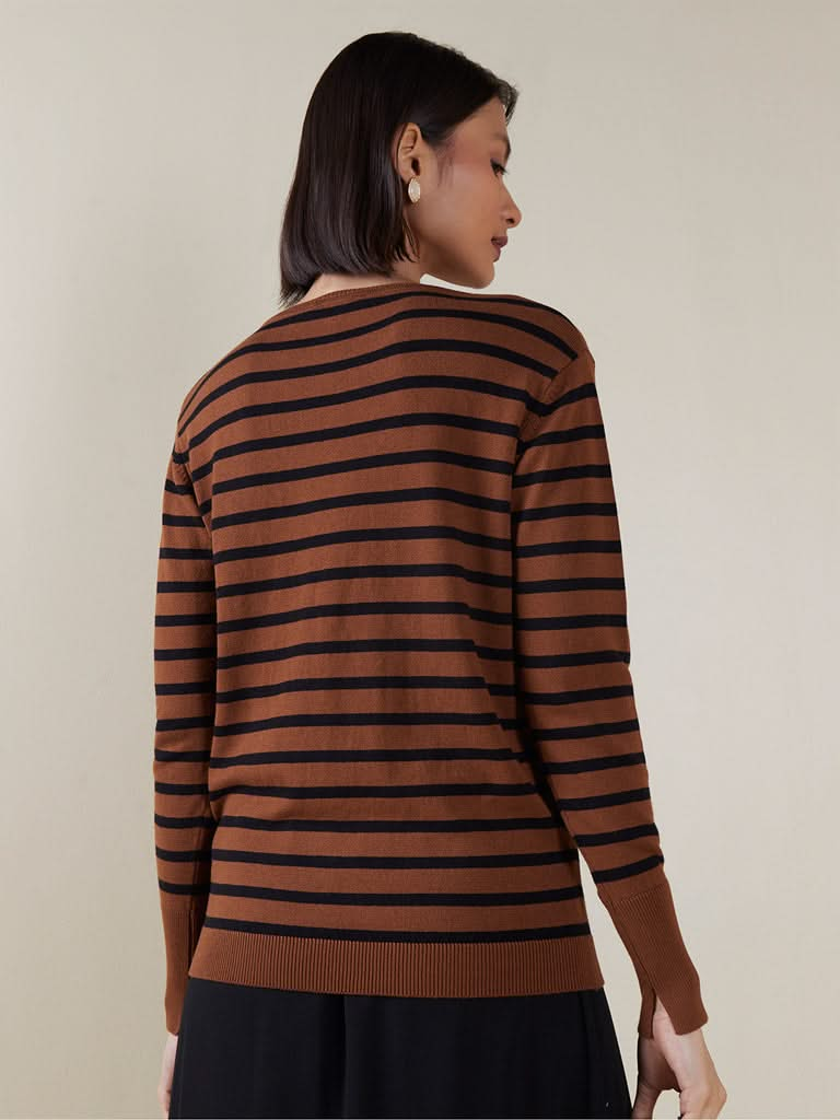 Wardrobe Dark Tan Striped Sweater Top