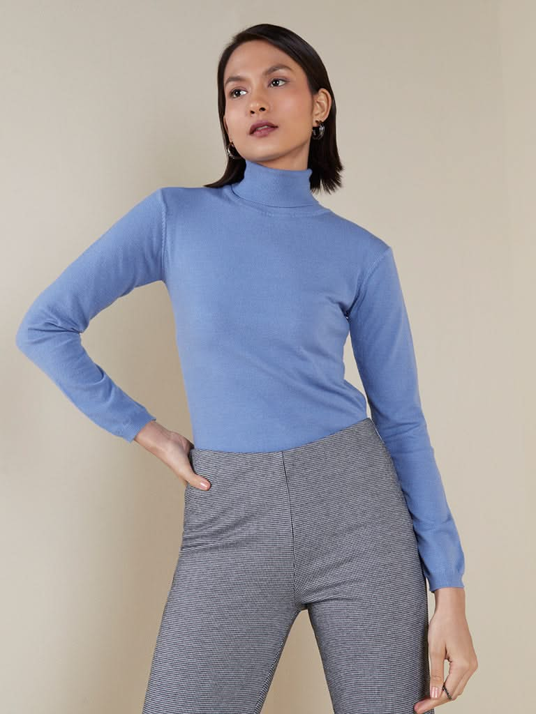 Wardrobe Blue Turtle-Neck Knitted Top