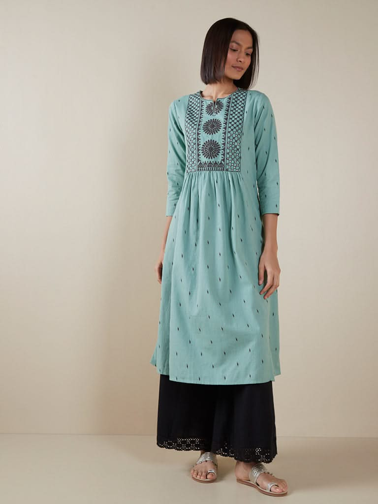 Utsa Turquoise Printed Fit-And-Flare Kurta