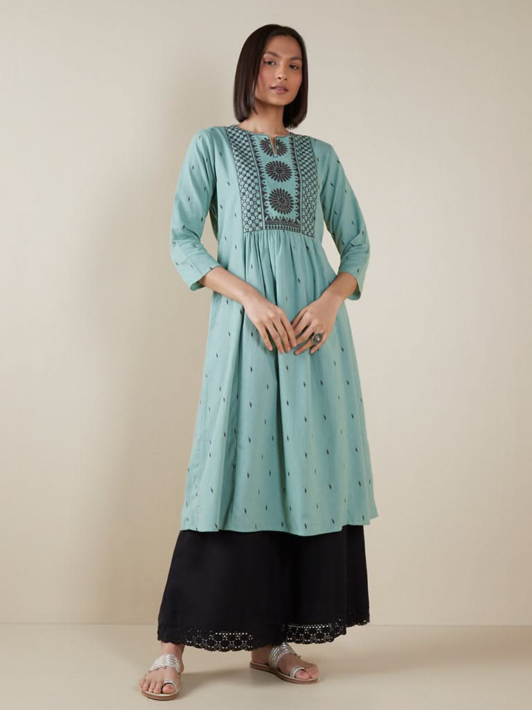 Utsa Turquoise Printed Fit-And-Flare Kurta