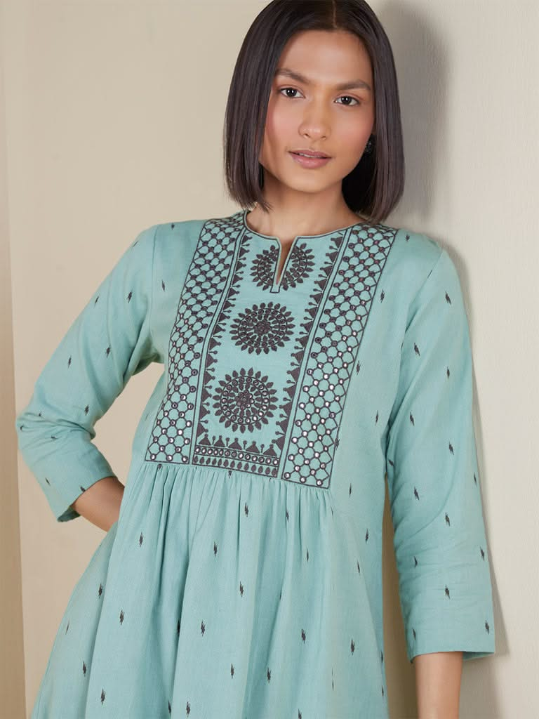 Utsa Turquoise Printed Fit-And-Flare Kurta