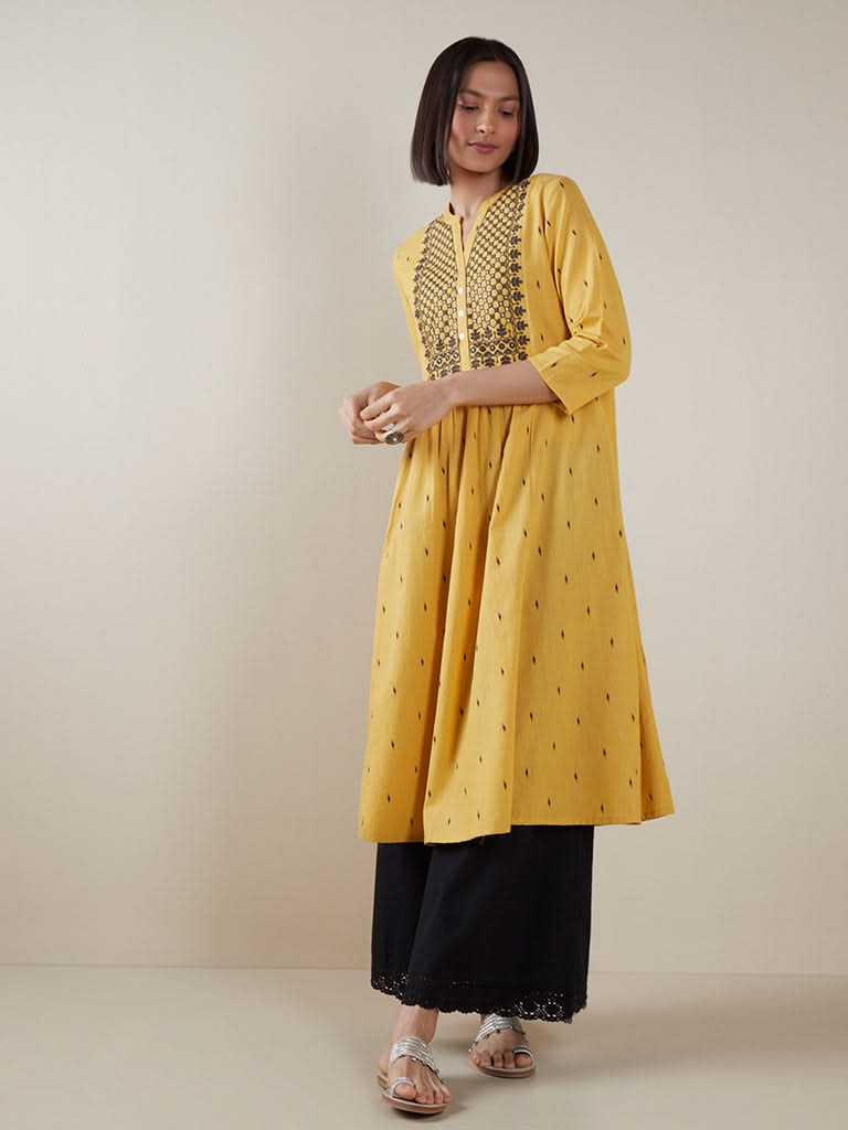 Utsa Yellow Printed Fit-And-Flare Kurta