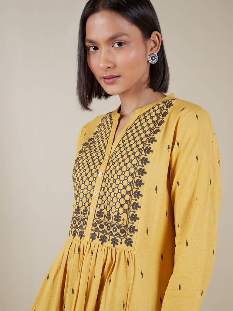 Utsa Yellow Printed Fit-And-Flare Kurta